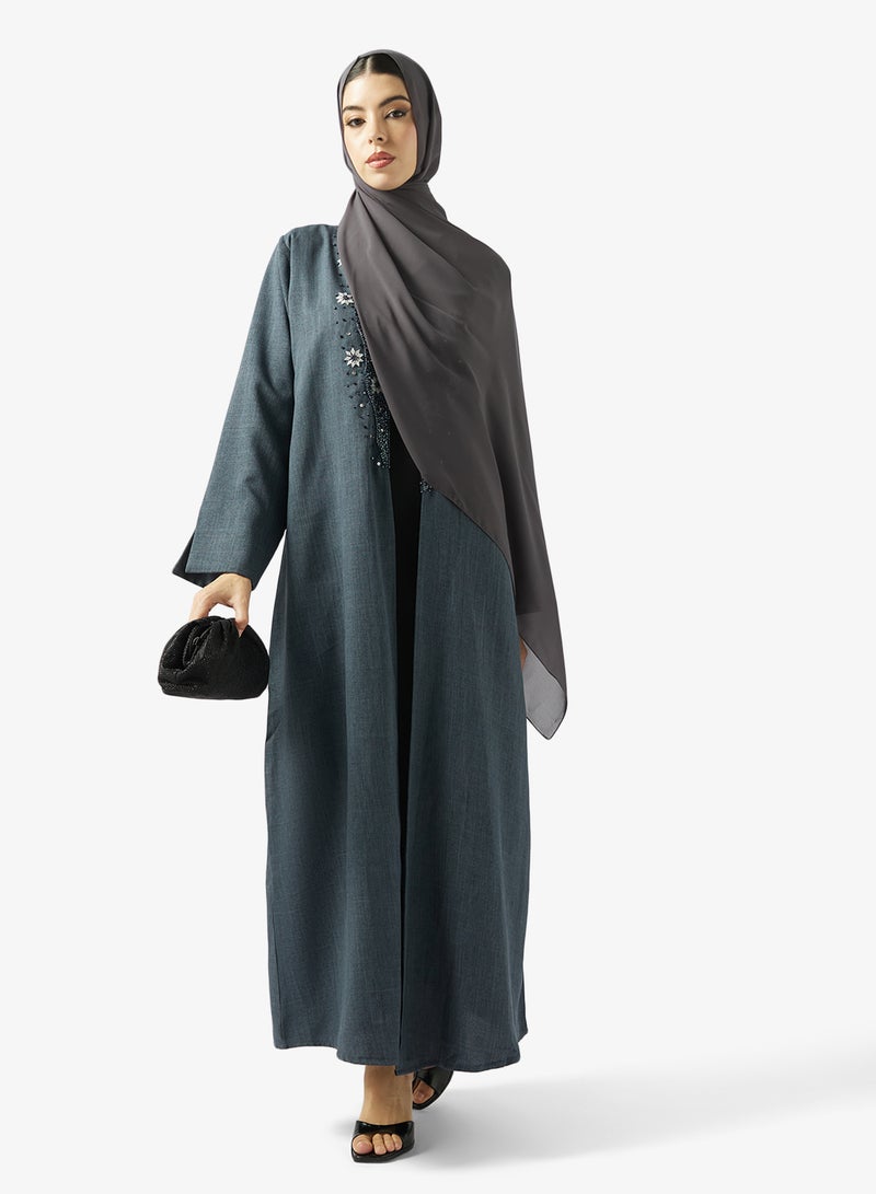 hayas closet Floral Embroidered And Embellished Open Front High Neck Abaya - Image 1